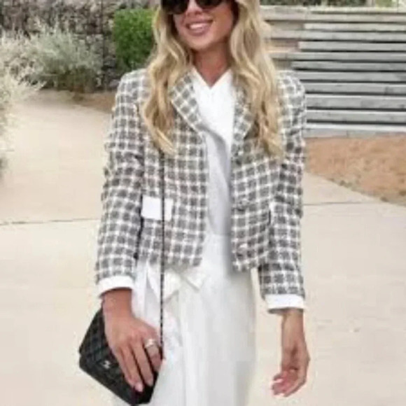Zara Textured Plaid Houndstooth Cropped Jacket Blazer Ecru M - Picture 1 of 16